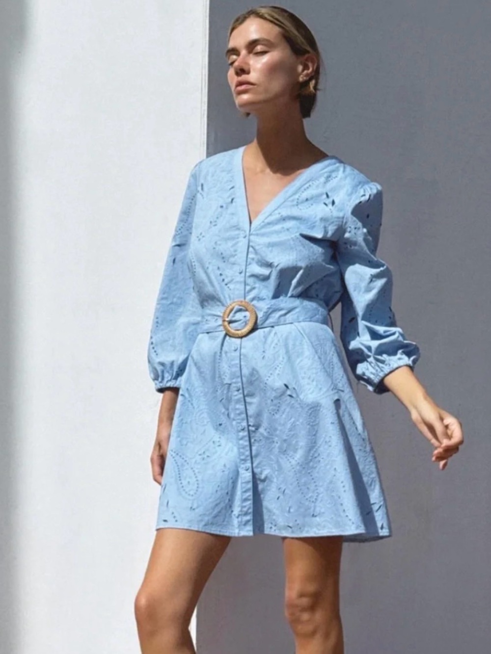 Zara Light Blue Eyelet Belted V-Neck Mini Dress